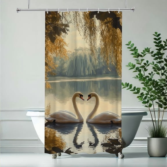 RKSupls Waterproof Shower Curtain, Romantic Swan Lake Polyester Shower Curtain with Hooks for Elegant Chic Home Bathtub Bathroom Decor Washable