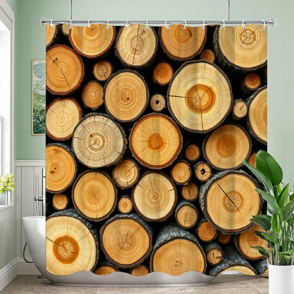 RKSupls Waterproof Shower Curtain, Rustic Wood Log Slices Warm Tone Polyester Shower Curtain with Hooks for Chic Elegant Home Bathtub Bathroom Decor Washable Curtains