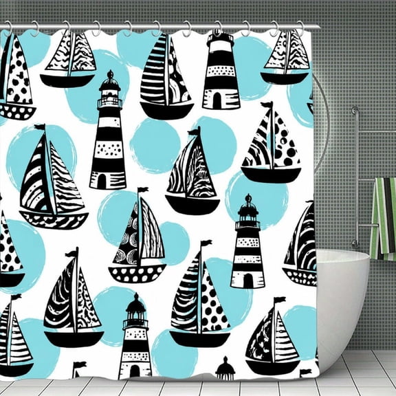 RKSupls Waterproof Shower Curtain, Sailboat Lighthouse Sketch Pattern Polyester Fabric with Hooks, Mildew Resistant & Quick Dry Washable ForChicHome Bathtub Decor, 70.8x70.8 Inch