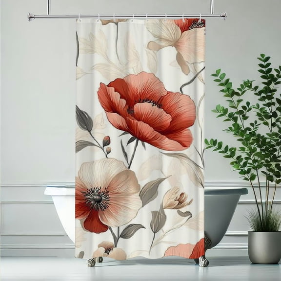 RKSupls Waterproof Shower Curtain, Soft Poppy Floral Polyester Shower Curtain with Hooks for Elegant Chic Home Bathtub Bathroom Decor Washable