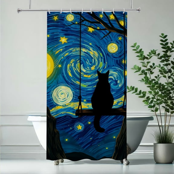 RKSupls Waterproof Shower Curtain, Starry Night Cat Swing Swirl, Polyester Fabric with Rustproof Hooks, Mildew Resistant & Quick Dry Washable for Chic Home Bathtub Decor