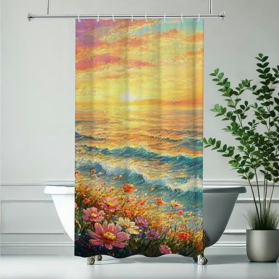 RKSupls Waterproof Shower Curtain, Sunset Ocean Flower Field Polyester Shower Curtain with Hooks for Chic Elegant Home Bathtub Bathroom Decor Washable