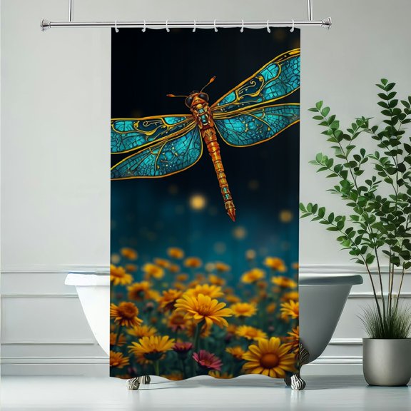 RKSupls Waterproof Shower Curtain, Turquoise Stained Glass Dragonfly Floral Field Polyester Shower Curtain with Hooks for Chic Elegant Home Bathtub Bathroom Decor Washable Curtains