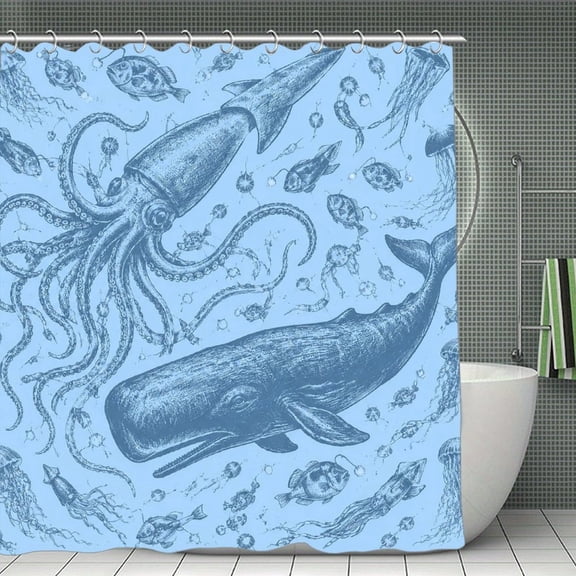 RKSupls Waterproof Shower Curtain, Vintage Squid And Whale Polyester Fabric with Hooks, Mildew Resistant & Quick Dry Washable ForChicHome Bathtub Decor, 72x72 Inch
