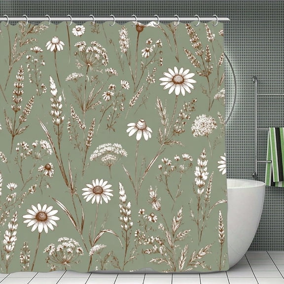 RKSupls Waterproof Shower Curtain, Wildflower Meadow Sage Sketch Polyester Fabric with Hooks, Mildew Resistant & Quick Dry Washable ForChicHome Bathtub Decor, 72x72 Inch