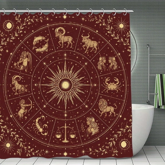 RKSupls Waterproof Shower Curtain, Zodiac Wheel Chart Polyester Fabric with Hooks, Mildew Resistant & Quick Dry Washable For Chic Home Bathtub Decor, 72x72 Inch