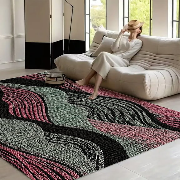 RKSupls Wave Stripe Woven Abstract Textile Soft Fluffy Velvet Area Rug for Living Room Bedroom, Non-Slip Washable Carpet, Chic Minimalist Home Decor
