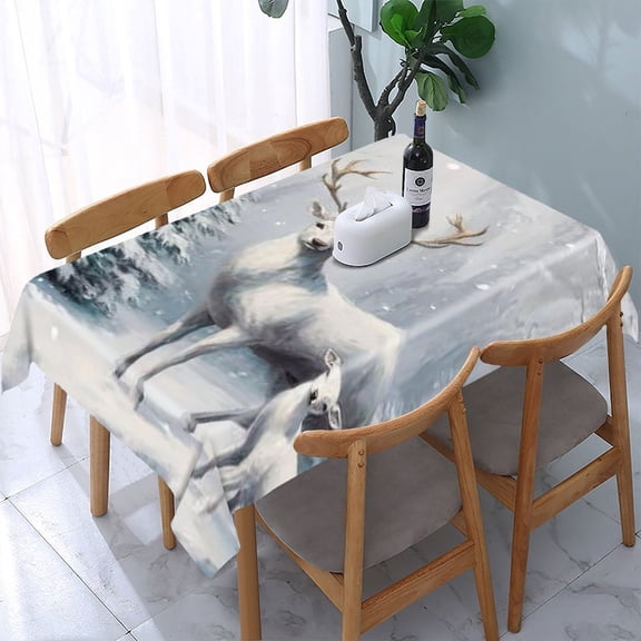 RKSupls White Deer Winter Forest Rectangle Dining Tablecloth, Washable Wipeable Stain & Wrinkle Resistant Polyester Tablecloth for Kitchen Picnic Party