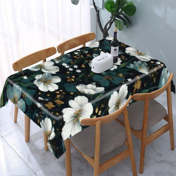 RKSupls White Flowers Dark Rectangle Dining Tablecloth, Washable Wipeable Stain & Wrinkle Resistant Polyester Tablecloth for Kitchen Picnic Party