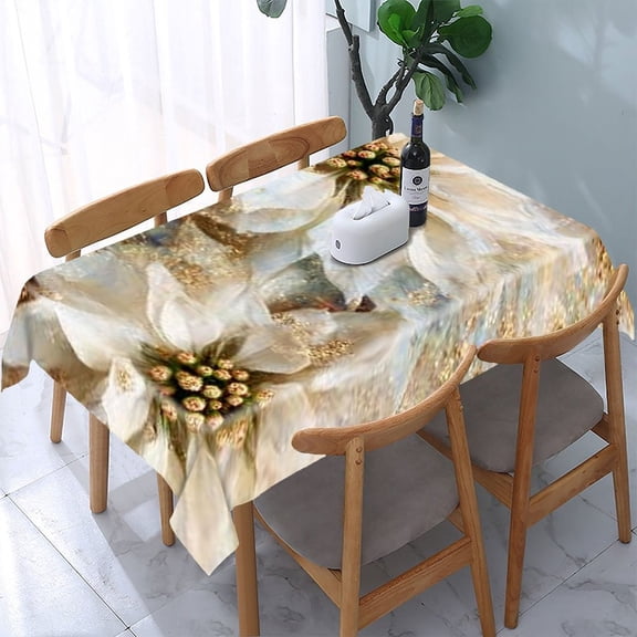 RKSupls White Poinsettia Gold Rectangle Dining Tablecloth, Washable Wipeable Stain & Wrinkle Resistant Polyester Tablecloth for Kitchen Picnic Party