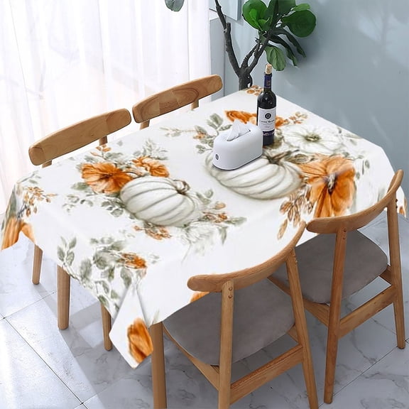 RKSupls White Pumpkin Floral Rectangle Dining Tablecloth, Washable Wipeable Stain & Wrinkle Resistant Polyester Tablecloth for Kitchen Picnic Party