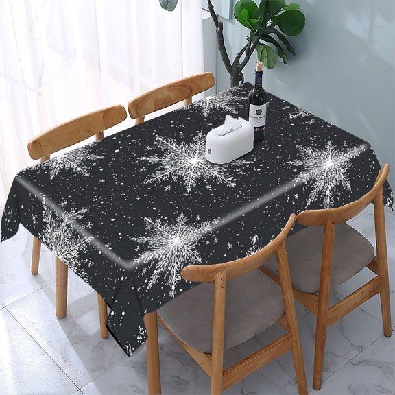 RKSupls White Snowflakes Black Pattern Rectangle Dining Tablecloth, Washable Wipeable Stain & Wrinkle Resistant Polyester Tablecloth for Kitchen Picnic Party