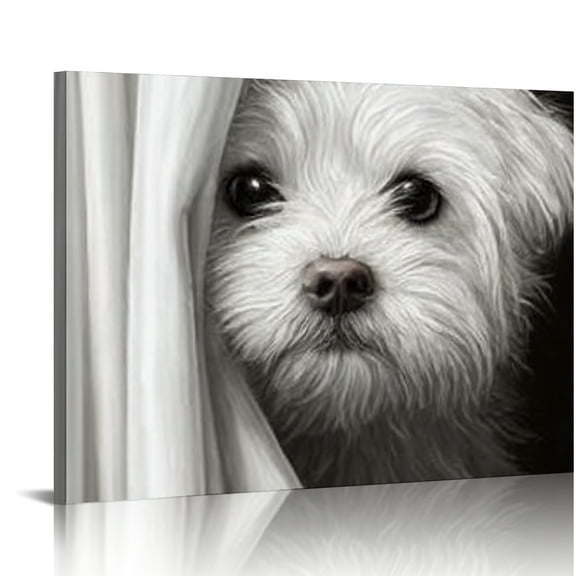 RKSupls White Terrier Peeking Curtain Canvas Wall Art, Canvas Prints Wall Art for Living Room Bedroom Entryway Office, Art Print Painting for Home Decor,16x12in