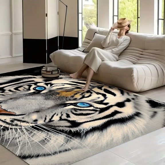 RKSupls White Tiger Blue Eyes Portrait  Soft Fluffy Velvet Area Rug   for Living Room Bedroom, Non-Slip Washable Carpet, Modern Minimalist Home Decor Floor Mat