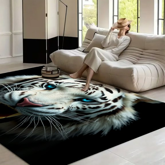 RKSupls White Tiger Face Portrait Soft Fluffy Velvet Area Rug for Living Room Bedroom, Non-Slip Washable Carpet, Modern Minimalist Home Decor Floor Mat