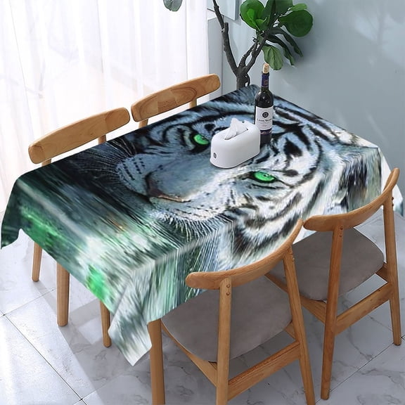 RKSupls White Tiger Green Eyes Rectangle Dining Tablecloth, Washable Wipeable Stain & Wrinkle Resistant Polyester Tablecloth for Kitchen Picnic Party