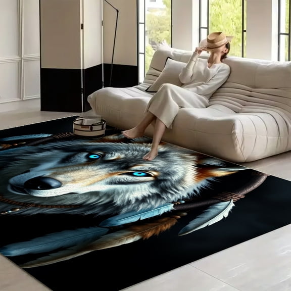 RKSupls 10x7ft White Wolf Dreamcatcher Soft Fluffy Velvet Area Rug for Living Room Bedroom, Non-Slip Washable Carpet, Chic Minimalist Home Decor