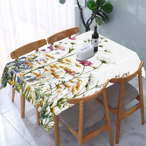 RKSupls Wildflowers Watercolor White Rectangle Dining Tablecloth, Washable Wipeable Stain & Wrinkle Resistant Polyester Tablecloth for Kitchen Picnic Party