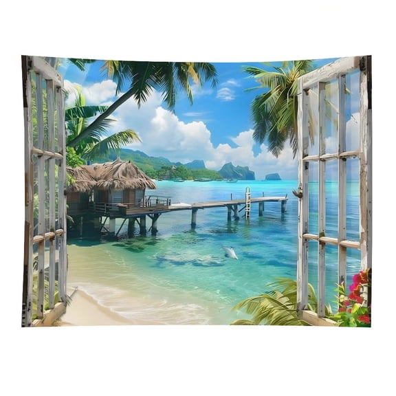 RKSupls Window Tropical Beach Paradise Polyester Wall Tapestry Anti Wrinkle Art Hanging Decor for Bedroom Living Room Home Holiday Decoration Gift