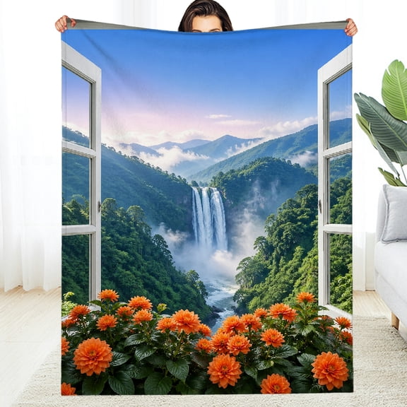 RKSupls Window Waterfall Flowers Soft Flannel Fleece Blanket, Machine Washable Soft Decorative Blanket, Soft Throw for Couch, Travel, Camping