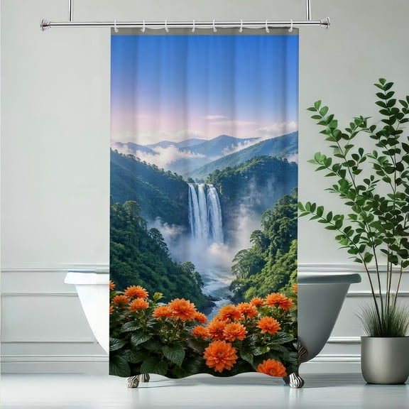 RKSupls Window Waterfall Flowers Waterproof Shower Curtain Polyester Shower Curtain with Hooks for Chic Elegant Home Bathtub Bathroom Decor Washable