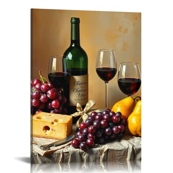 RKSupls Wine Cheese Fruit Still Life Canvas Wall Art, Canvas Prints Wall Art for Living Room Bedroom Entryway Office, Art Print Painting for Home Decor
