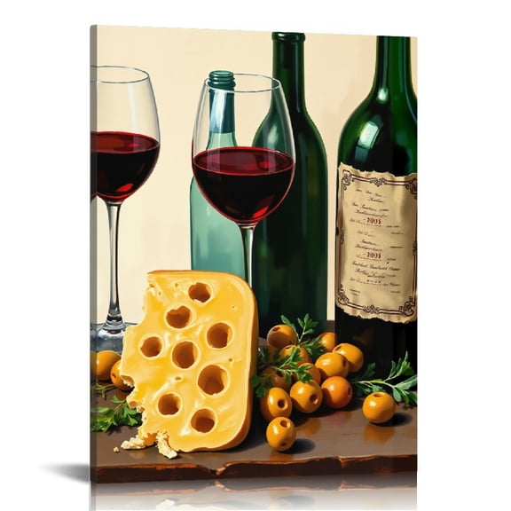 RKSupls Wine Cheese Olive Still Life Canvas Wall Art, Canvas Prints Wall Art for Living Room Bedroom Entryway Office, Art Print Painting for Home Decor
