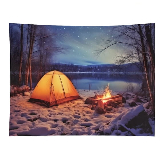 RKSupls Winter Camping Tent Campfire Snow Lake Night Polyester Wall Tapestry Anti Wrinkle Art Hanging Decor for Bedroom Living Room Home Holiday Decoration Gift