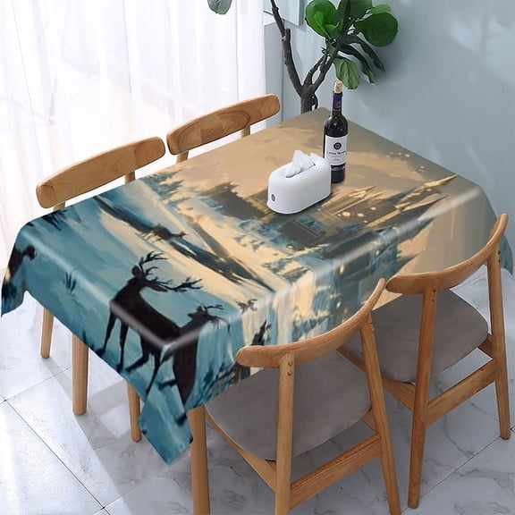 RKSupls Winter Deer Castle Landscape Rectangle Dining Tablecloth, Washable Wipeable Stain & Wrinkle Resistant Polyester Tablecloth for Kitchen Picnic Party