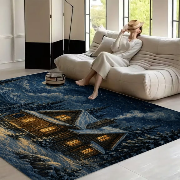 RKSupls 4x3ft Winter Moonlit Alpine Cabin Frozen Lake Soft Fluffy Velvet Area Rug for Living Room Bedroom, Non-Slip Washable Carpet, Chic Minimalist Home Decor