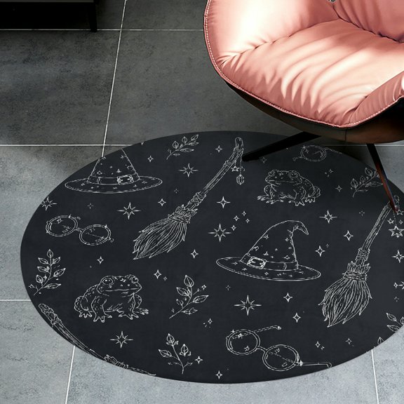 RKSupls Witch Broom And Frog Pattern Round Flannel Floor Mat, Soft Non-Slip Washable Rug suitable for Living Room Bedroom Study, Decorative Floor Rug