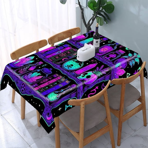 RKSupls Witch Shelf Potion Neon Rectangle Dining Tablecloth, Washable Wipeable Stain & Wrinkle Resistant Polyester Tablecloth for Kitchen Picnic Party