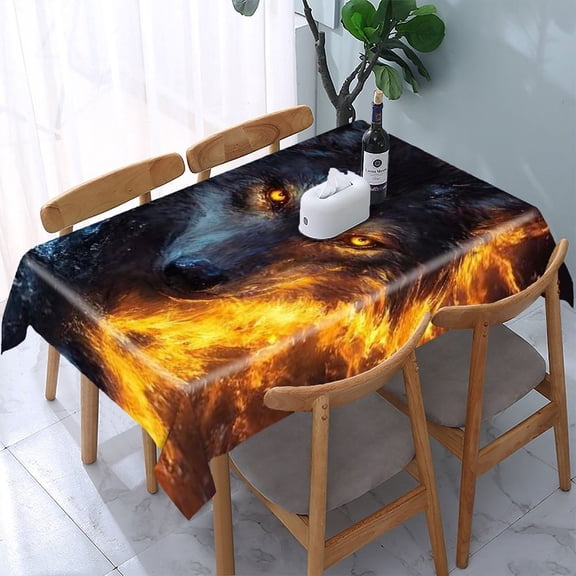 RKSupls Wolf Fire Ice Rectangle Dining Tablecloth, Washable Wipeable Stain & Wrinkle Resistant Polyester Tablecloth for Kitchen Picnic Party
