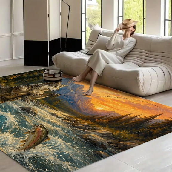 RKSupls Wolf Fishing Sunset Mountain Soft Fluffy Velvet Area Rug for Living Room Bedroom, Non-Slip Washable Carpet, Modern Minimalist Home Decor Floor Mat