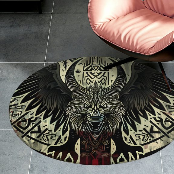 RKSupls Wolf Horns Wings Symbol Round Flannel Floor Mat, Soft Non-Slip Washable Rug suitable for Living Room Bedroom Study, Decorative Floor Rug