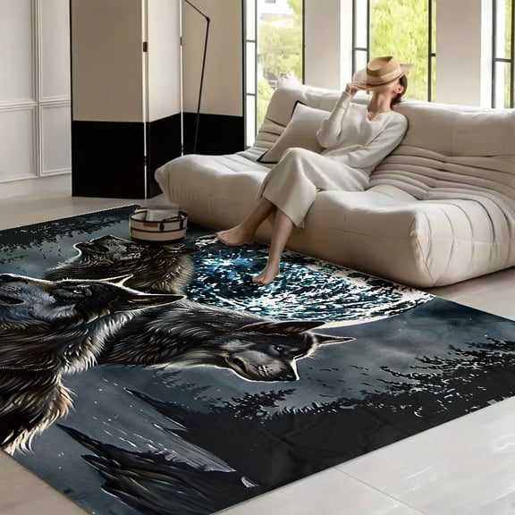 RKSupls Wolves Moon Gothic Soft Fluffy Velvet Area Rug for Living Room Bedroom, Non-Slip Washable Carpet, Modern Minimalist Home Decor Floor Mat