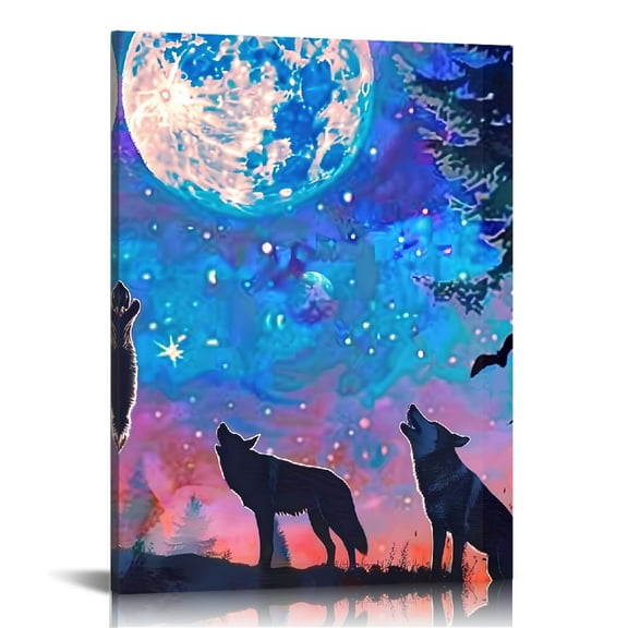 RKSupls Wolves Moon Night Modern Art, Canvas Print, Ready to Hang Bathroom Bedroom Kitchen Living Room Office Wall Decor Prints