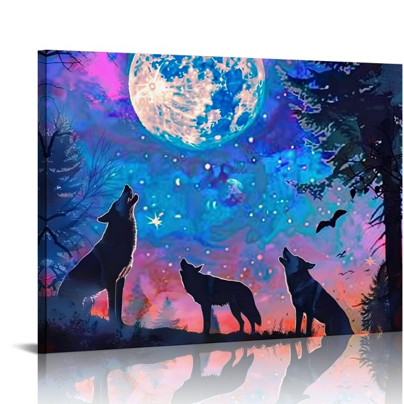 RKSupls Wolves Moon Night Ready to Hang, Bathroom Wall Art, Wall Art Canvas Print Bathroom Bedroom Kitchen Entryway Living Room Wall Decor Prints