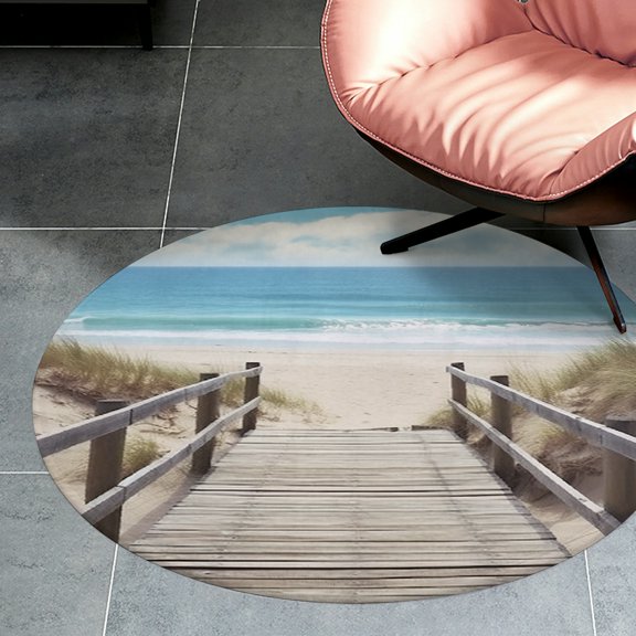 RKSupls Wooden Boardwalk Sandy Beach Round Flannel Floor Mat, Soft Non-Slip Washable Rug suitable for Living Room Bedroom Nursery, Decorative Floor Rug