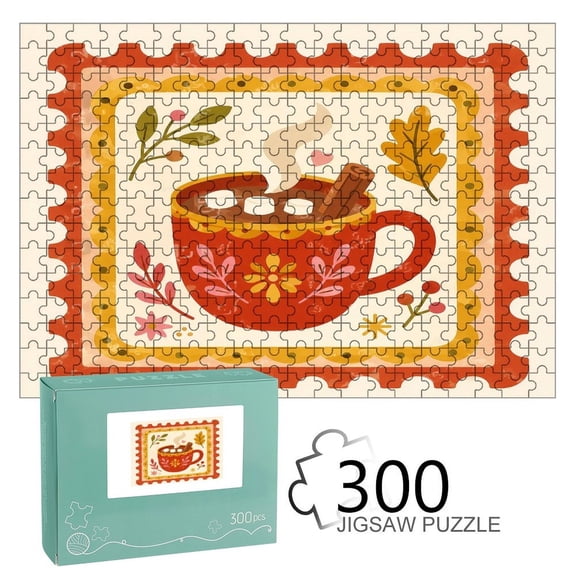 RKSupls Wooden Jigsaw Puzzle 300 500 1000 Pieces , Hot Cocoa Stamp Autumn Leaves Design Premium Wood Board Game Funny Design Home Decor Durable Fun Gift