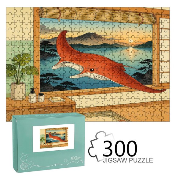 RKSupls Wooden Jigsaw Puzzle 300 500 1000 Pieces , Manta Ray Flying Through Japanese Window Premium Wood Board Game Funny Design Home Decor Durable Fun Gift