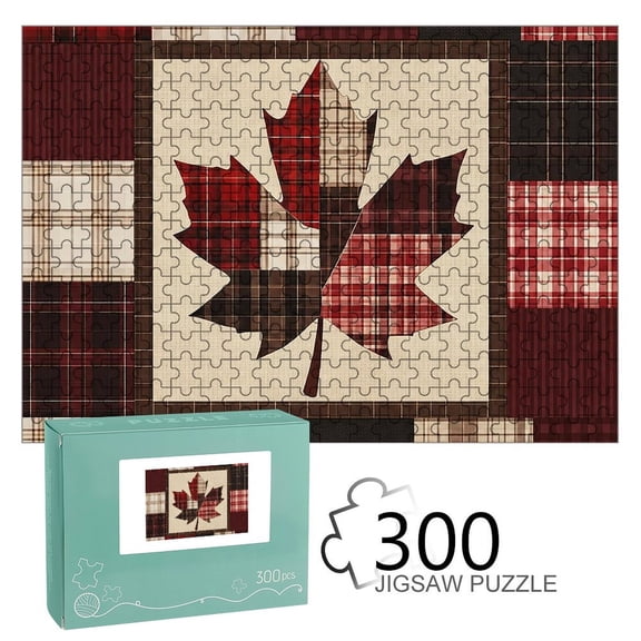 RKSupls Wooden Jigsaw Puzzle 300 500 1000 Pieces , Maple Leaf Plaid Patchwork Art Premium Wood Board Game Design Home Decor Durable Fun Gift