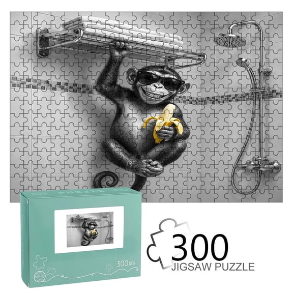 RKSupls Wooden Jigsaw Puzzle 300 500 1000 Pieces , Monkey Shower Banana Sunglasses Premium Wood Board Game Funny Design Home Decor Durable Fun Gift