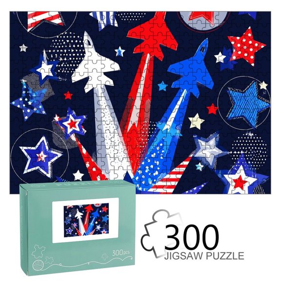 RKSupls Wooden Jigsaw Puzzle 300 500 1000 Pieces , Patriotic Stars Rockets Burst Art Premium Wood Board Game Design Home Decor Durable Fun Gift