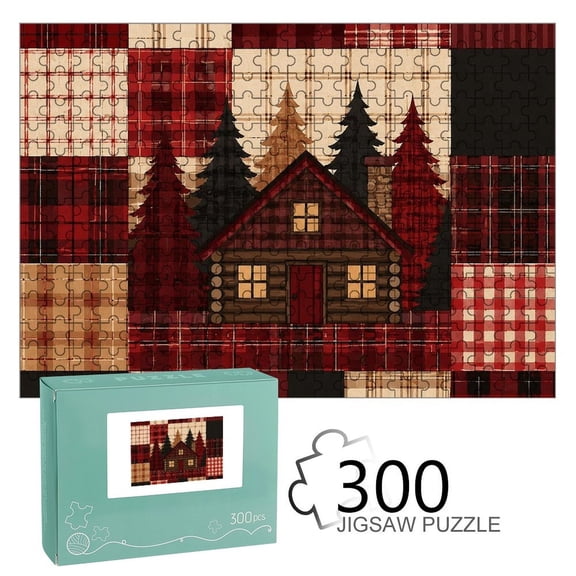 RKSupls Wooden Jigsaw Puzzle 300 500 1000 Pieces , Plaid Cabin Forest Patchwork Premium Wood Board Game Design Home Decor Durable Fun Gift