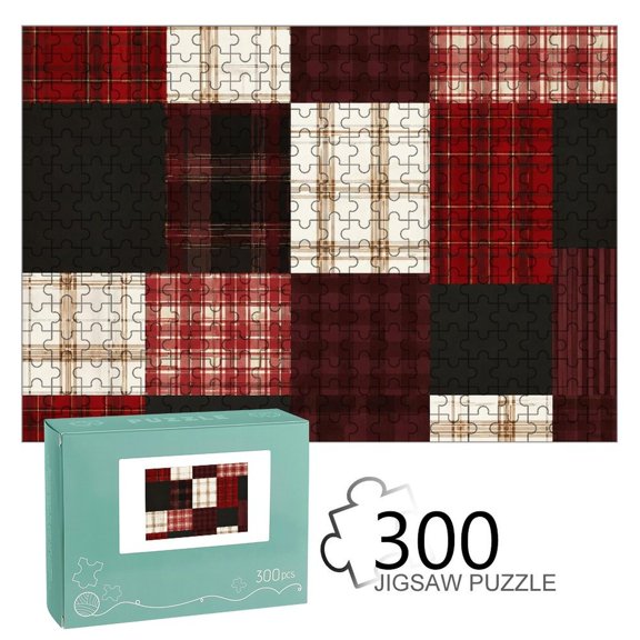 RKSupls Wooden Jigsaw Puzzle 300 500 1000 Pieces , Red Plaid Patchwork Pattern Premium Wood Board Game Design Home Decor Durable Fun Gift