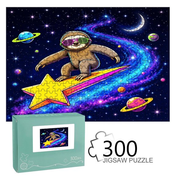 RKSupls Wooden Jigsaw Puzzle 300 500 1000 Pieces , Sloth Surfing on Star in Galaxy Neon Space Art Premium Wood Board Game Funny Design Home Decor Durable Fun Gift