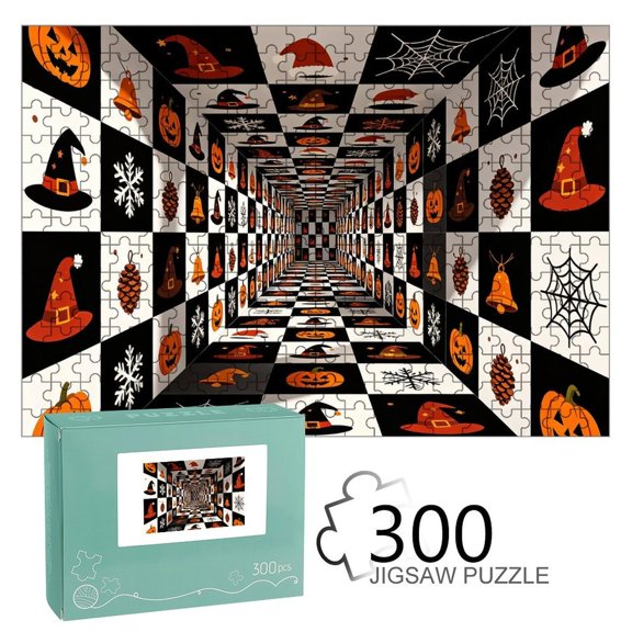RKSupls Wooden Jigsaw Puzzle 300 500 1000 Pieces , Witch Hat Pumpkin Patchwork Corridor Premium Wood Board Game Design Home Decor Durable Fun Gift