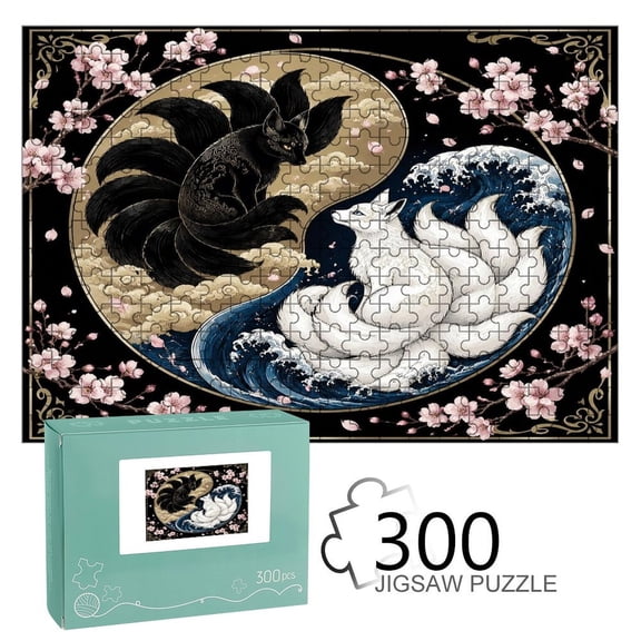 RKSupls Wooden Jigsaw Puzzle 300 500 1000 Pieces , Yin Yang Nine Tailed Foxes Premium Wood Board Game Funny Design Home Decor Durable Fun Gift