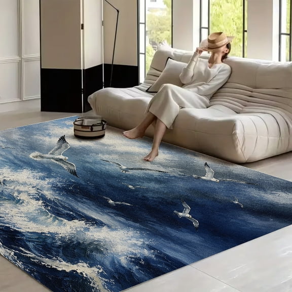 RKSupls Wooden Pier Calm Blue Waters Painting Soft Fluffy Velvet Area Rug for Living Room Bedroom, Non-Slip Washable Carpet, Modern Minimalist Home Decor Floor Mat